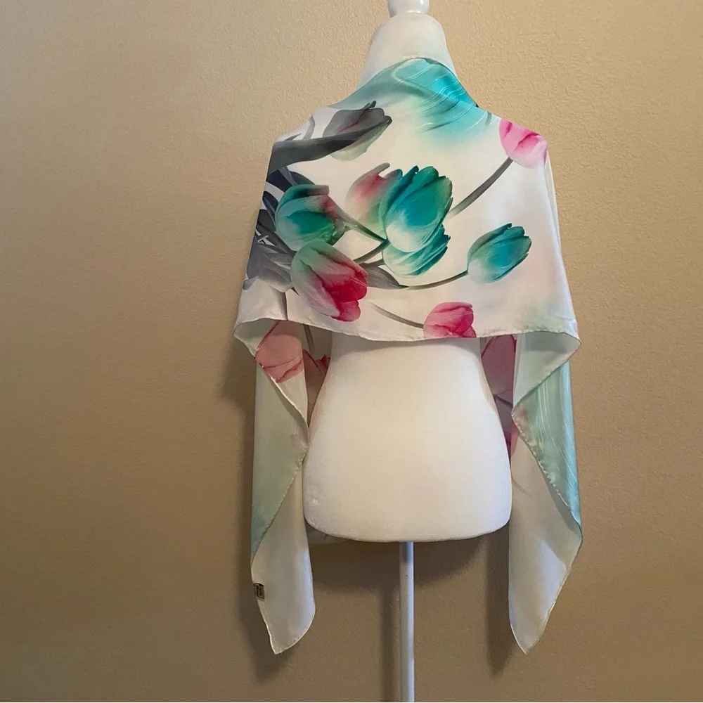 100% Silk Hand-Stitched Floral Shawl Scarf Wrap -Multicolor